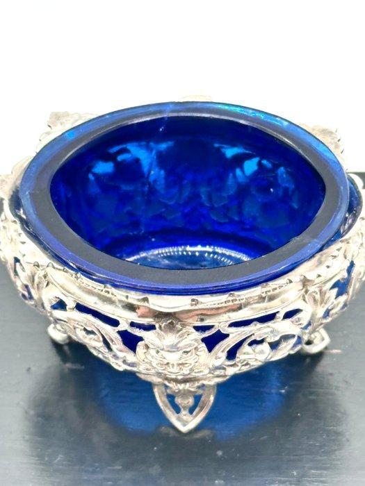 No reserve-Antiek ajour gezaagd zilveren Zoutvat met blauw, Antiek en Kunst, Antiek | Zilver en Goud