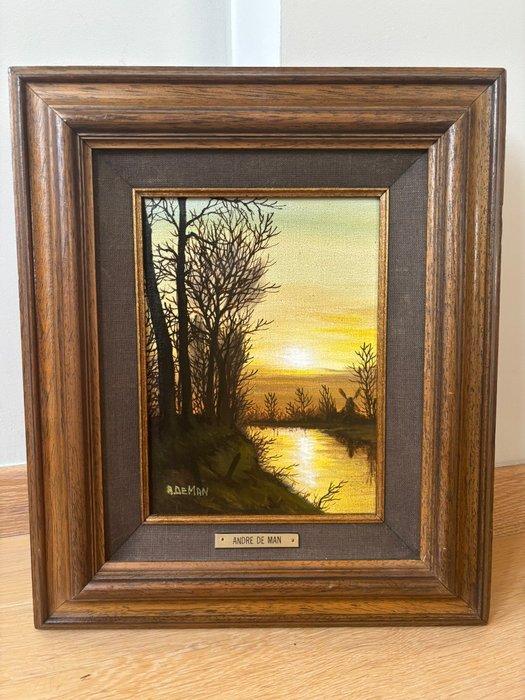 André De Man (1925-2002) - Platteland met Molen, Antiquités & Art, Art | Peinture | Classique