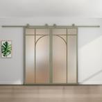 Dubbele stalen schuifdeur Olijfgroen 5 Vlaks rond Mat glas, 75 tot 150 cm, Nieuw, 150 tot 225 cm, Metaal