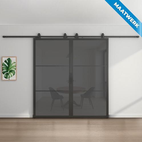 Dubbele stalen Schuifdeuren - 3 Vlaks - Maatwerk - Rook glas, Doe-het-zelf en Bouw, Raamkozijnen en Schuifdeuren, Nieuw, Inclusief glas