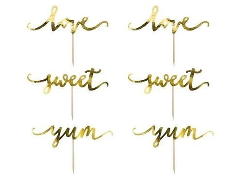 Cupcake Toppers Goud Sweet Love Yum 13cm 6st, Hobby en Vrije tijd, Feestartikelen, Nieuw, Verzenden