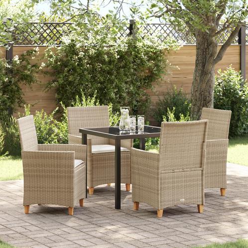 vidaXL 5-delige Tuin Eetset met Kussens Beige Poly Rattan, Tuin en Terras, Tuinstoelen, Nieuw, Verzenden