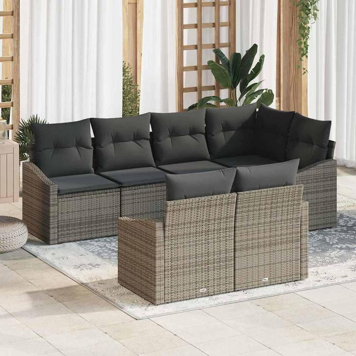 vidaXL Tuin Eettafel Set 7 pcs Grijs Poly Rattan en, Tuin en Terras, Tuinsets en Loungesets, Nieuw, Verzenden