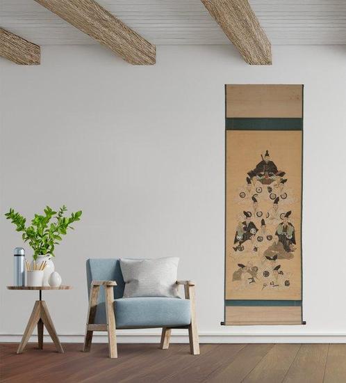Très grand rouleau suspendu de samouraï Tokugawa, Antiek en Kunst, Antiek | Overige Antiek