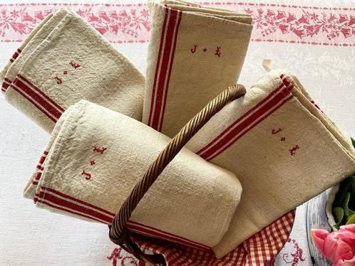 4 Napoleon III-linnen theedoeken met bloedrode randen en, Antiek en Kunst, Antiek | Tapijten, Tafelkleden en Textiel