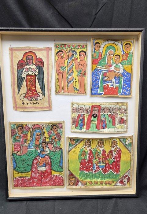 Bijbelse verhalen geschilderd op geitenhuid, Ethiopische, Antiquités & Art, Art | Art non-occidental