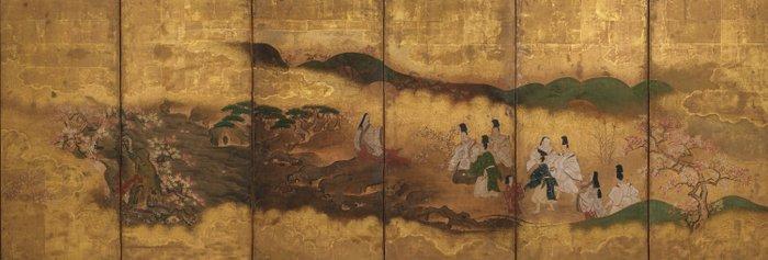 Byôbu  (vouwscherm) - Goudblad, Hout, Zijde, Papier -, Antiquités & Art, Antiquités | Autres Antiquités