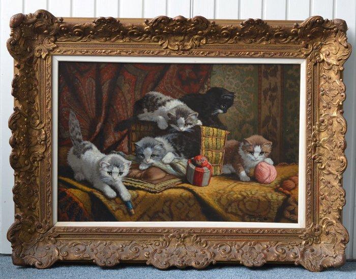 Cornelis Raaphorst (1875-1954) - Vijf spelende jonge katjes, Antiek en Kunst, Kunst | Schilderijen | Klassiek