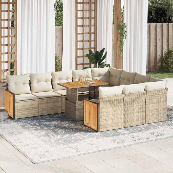 vidaXL 11-delige Tuinset met kussens poly rattan acacia, Tuin en Terras, Tuinsets en Loungesets, Tuinset, Nieuw, Verzenden