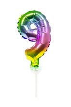 Folie Ballon Cijfer 9 Regenboog 13cm met Stokje, Nieuw, Verzenden