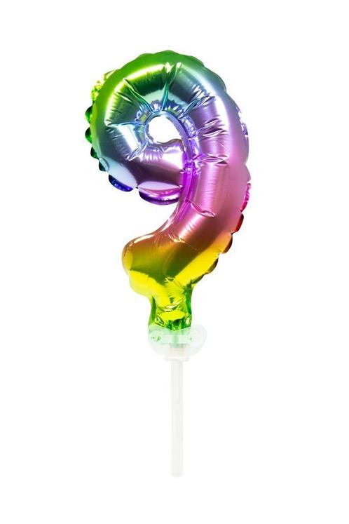 Folie Ballon Cijfer 9 Regenboog 13cm met Stokje, Hobby en Vrije tijd, Feestartikelen, Nieuw, Verzenden