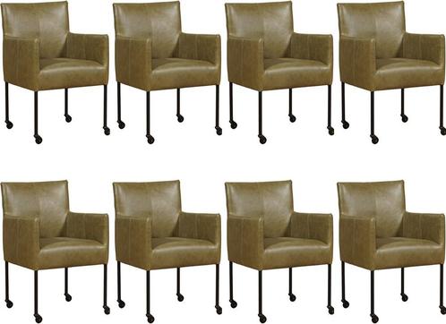 Set van 8 Olijfgroene leren moderne kuipstoel - poot rond, Huis en Inrichting, Stoelen, Overige kleuren, Vijf, Zes of meer stoelen