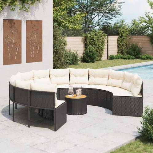 vidaXL Tuinbank met tafel en kussens rond poly rattan zwart, Jardin & Terrasse, Ensembles de jardin, Envoi