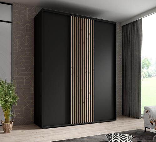 Kledingkast 180cm Zwart Schuifdeuren Latjes - Garderobekast, Huis en Inrichting, Kasten | Overige, Nieuw, Verzenden