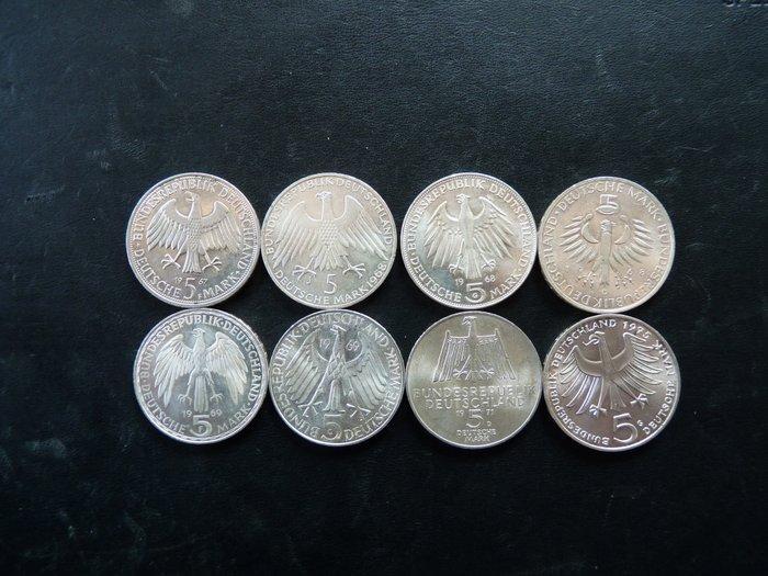 Duitsland, Bondsrepubliek 5 Deutsche Mark 8x 1967/1975, Timbres & Monnaies, Monnaies | Europe | Monnaies non-euro