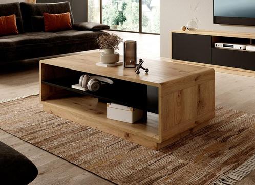Meubella | Salontafel eiken mat zwart industrieel, Huis en Inrichting, Tafels | Salontafels, Nieuw, 50 tot 100 cm, Minder dan 50 cm