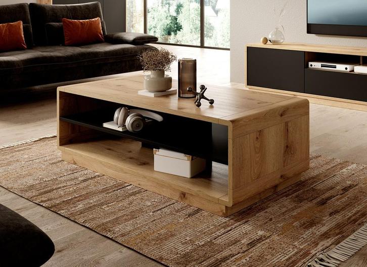 Meubella | Salontafel eiken mat zwart industrieel, Huis en Inrichting, Tafels | Salontafels, Nieuw, 50 tot 100 cm, Minder dan 50 cm