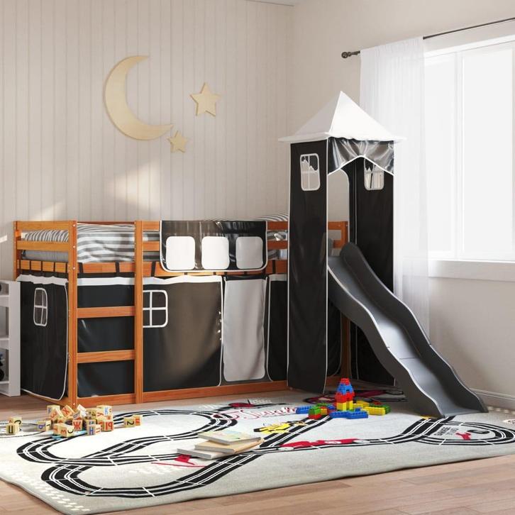 vidaXL Stapelbed met glijbaan en gordijnen wit en zwart, Huis en Inrichting, Slaapkamer | Bedden, Nieuw, Verzenden