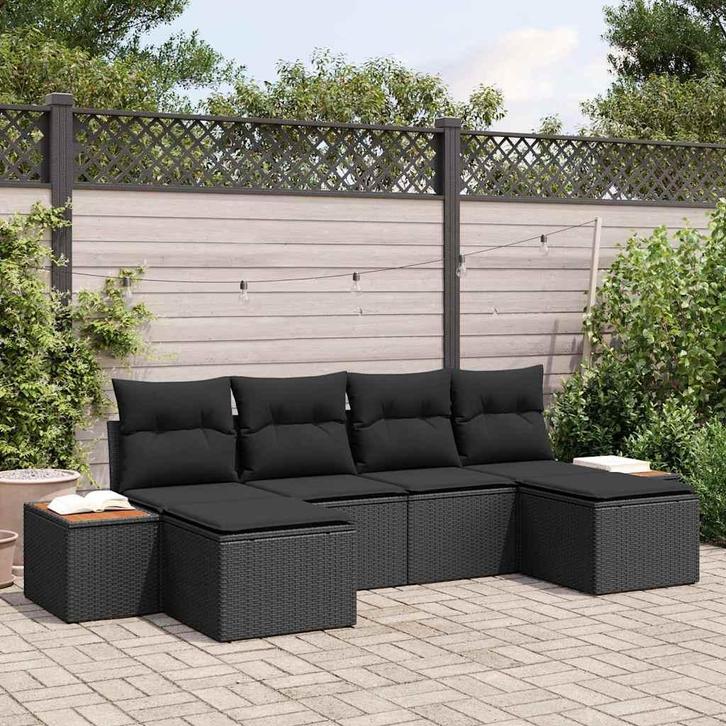vidaXL Tuinbank Set met kussen 6 pcs Zwart Poly Riet, Tuin en Terras, Tuinsets en Loungesets, Nieuw, Verzenden