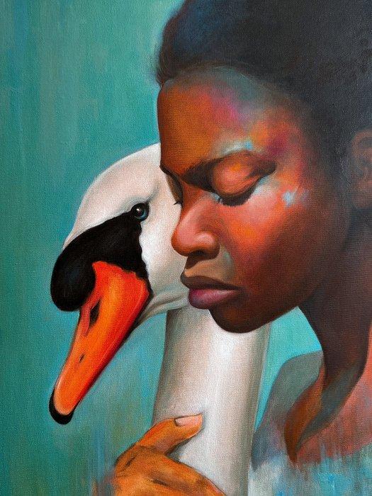 R. Sekar - Frau umarmt Schwan, Antiek en Kunst, Kunst | Schilderijen | Modern