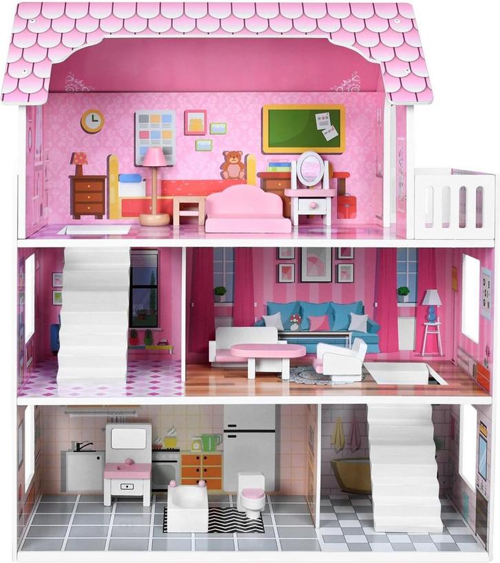 Houten Poppenhuis - Met meubels – Speelhuis - Roze, Huis en Inrichting, Woonaccessoires | Overige, Nieuw, Verzenden