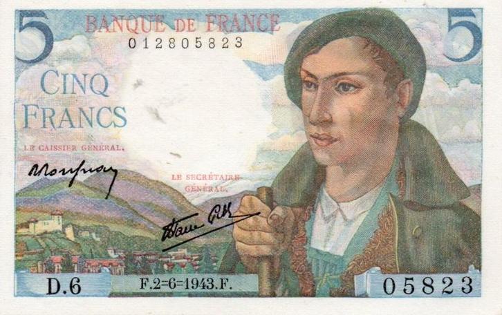 France Frankreich Fay 05/01 5 Francs Berger 02/06/1943 Pi..., Postzegels en Munten, Bankbiljetten | Europa | Niet-Eurobiljetten