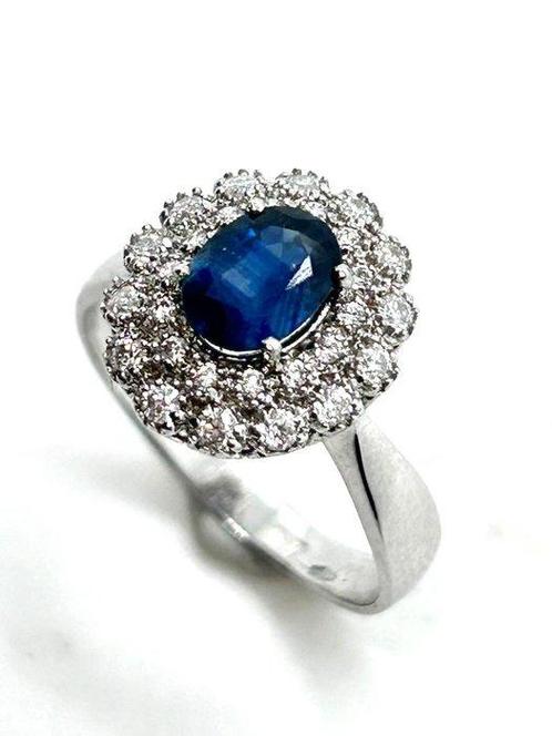 Zonder Minimumprijs - Ring - 18 karaat Witgoud Saffier -, Handtassen en Accessoires, Ringen