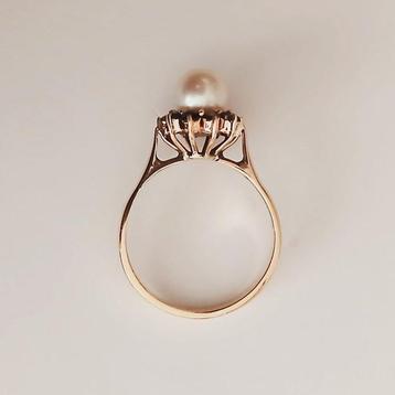 Bague - 18 carats Or jaune - 0.24ct. tw. Perle - Diamant