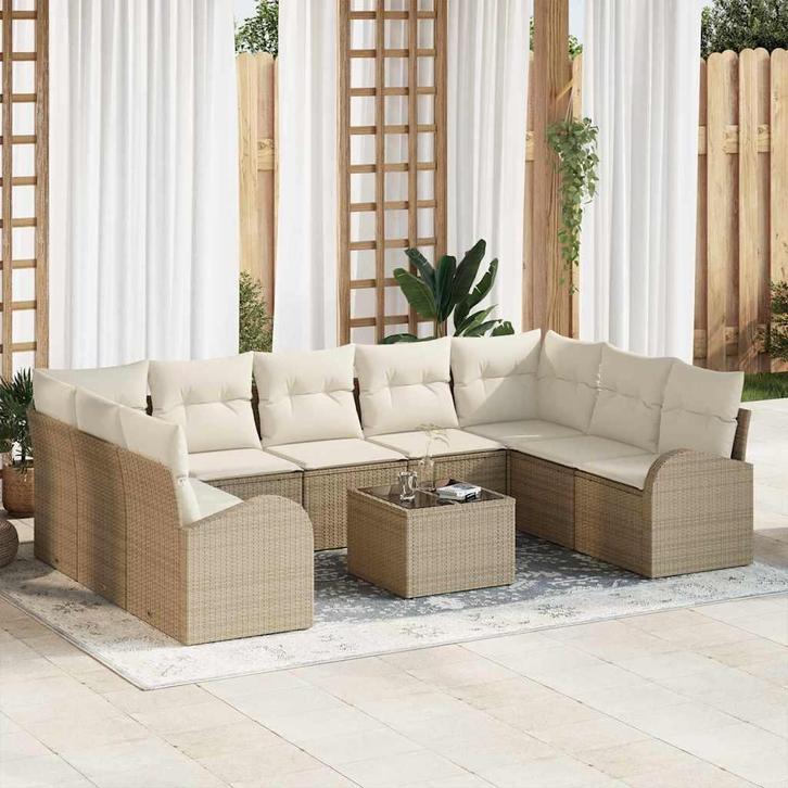 vidaXL Bankstel met kussen 10 pcs Beige Poly Riet, Tuin en Terras, Tuinsets en Loungesets, Nieuw, Verzenden