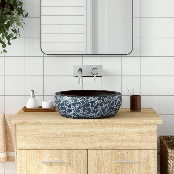 vidaXL Opzetwasbak rond 41x14 cm keramiek zwart en blauw, Doe-het-zelf en Bouw, Sanitair, Nieuw, Verzenden