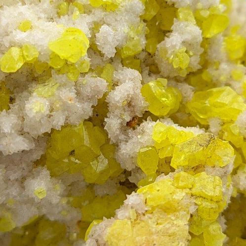 Elegante ZOLFO GEEL op ARAGONIET, SICILIË Kristallen op, Verzamelen, Mineralen en Fossielen