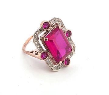 Zonder Minimumprijs - Ring - 9 kt. Roségoud, Zilver Robijn -