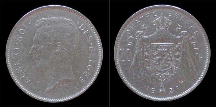 Belgium Albert I 20 frank (4belga) 1931fr-pos B nickel, Postzegels en Munten, Munten | Europa | Niet-Euromunten, België, Verzenden