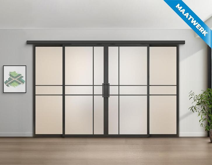 Dubbele stalen Schuifdeuren met koofsysteem en glaspanelen 6, Doe-het-zelf en Bouw, Raamkozijnen en Schuifdeuren, Nieuw, Inclusief glas