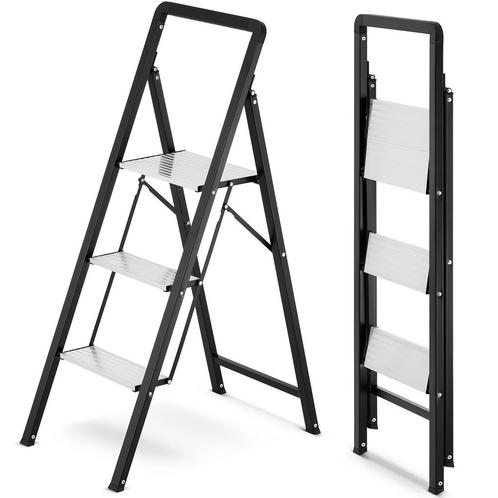 Huishoudtrap 3 treden - opvouwbare trapladder - zwart zilver, Doe-het-zelf en Bouw, Ladders en Trappen, Nieuw, Ophalen of Verzenden