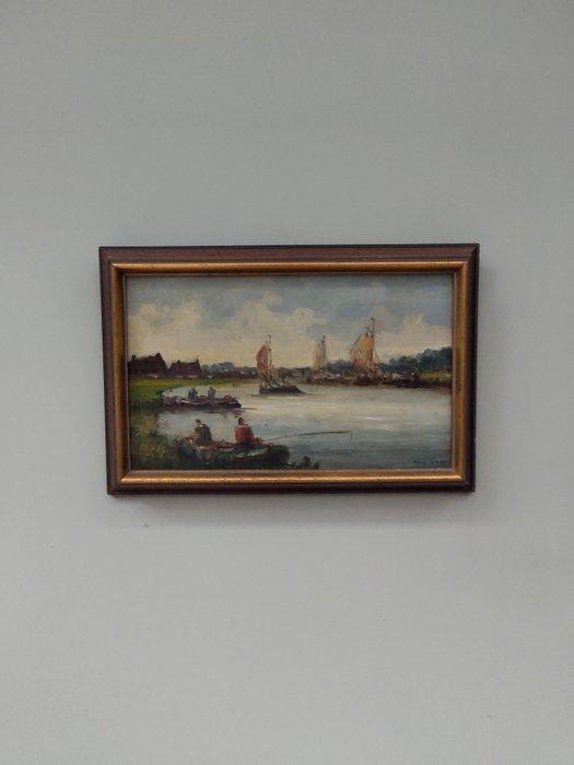 Nederlandse school (XX) - Rivier met vissers en bootjes, Antiek en Kunst, Kunst | Schilderijen | Klassiek