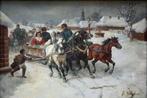 Eduard Goetzelmann (1830-1903) - Wedding party in the winter, Antiek en Kunst, Kunst | Schilderijen | Klassiek