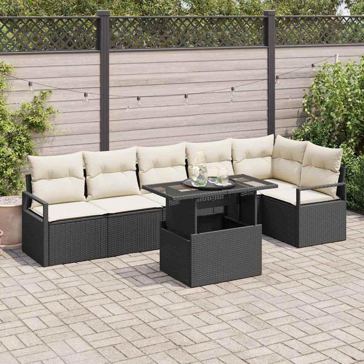 vidaXL Tuinbank Set met kussen 7 pcs Zwart Poly rattan, Tuin en Terras, Tuinsets en Loungesets, Nieuw, Verzenden