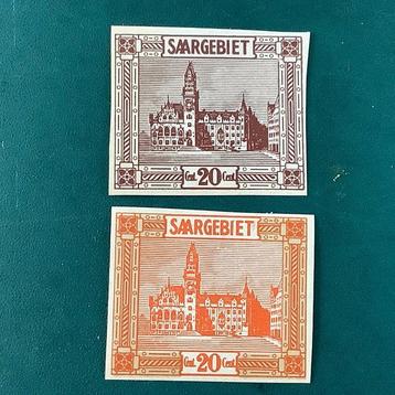 Sarre 1922 - 20 cent Saint Johann : 2 épreuves non perforées