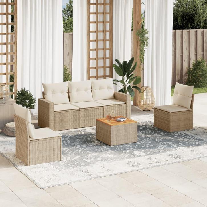 vidaXL 6-delige Loungeset met kussens poly rattan beige, Tuin en Terras, Tuinsets en Loungesets, Loungeset, Nieuw, Verzenden