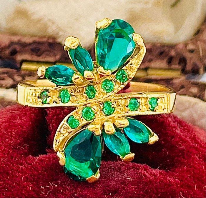 Zonder Minimumprijs - Ring - 9 kt. Geel goud, Zilver Smaragd, Handtassen en Accessoires, Ringen