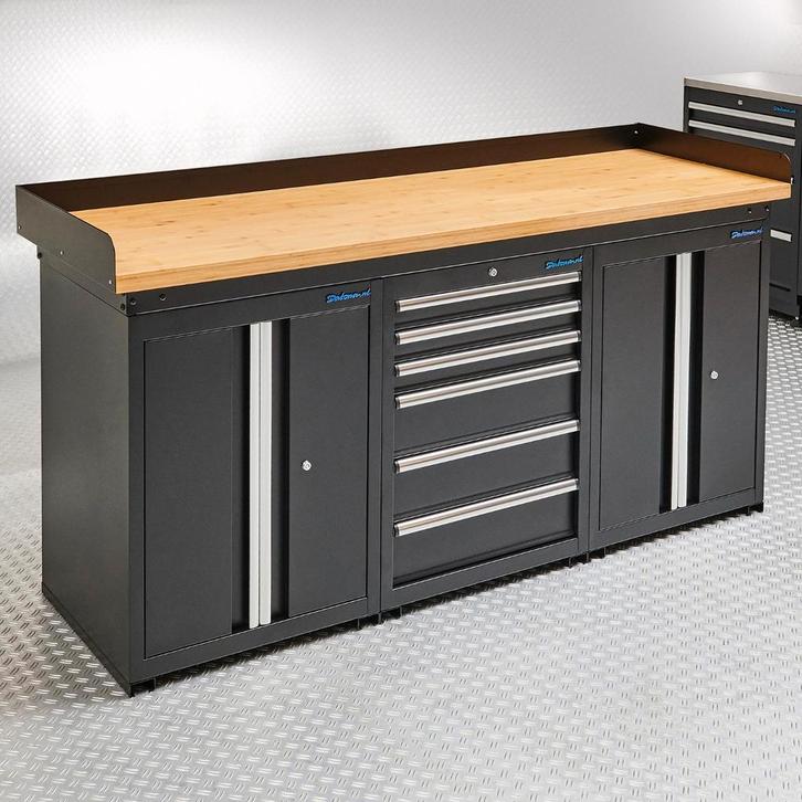 Datona Werkbank PRO bamboe - 6 lades - 2 opbergkasten - 200, Doe-het-zelf en Bouw, Werkbanken, Ophalen of Verzenden