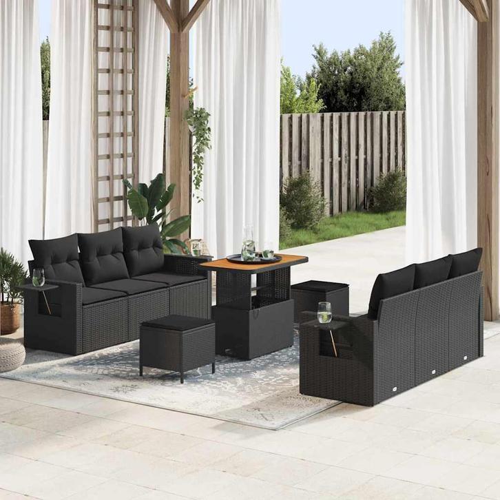 vidaXL Tuinbank Set 9 pcs Zwart Poly rattan en gepoedercoat, Tuin en Terras, Tuinsets en Loungesets, Nieuw, Verzenden