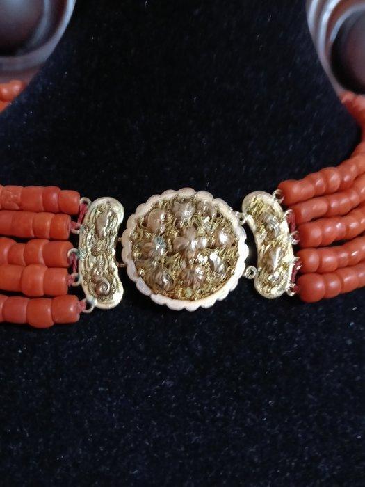 Kraagketting - 14 karaat Geel goud Koraal - Koraal - Ketting, Handtassen en Accessoires, Antieke sieraden