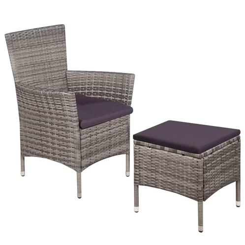 vidaXL Tuinstoel en kruk met kussens poly rattan grijs, Tuin en Terras, Tuinstoelen, Nieuw, Verzenden