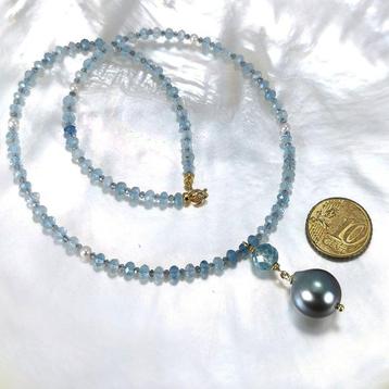 Collier - 18 carats Or jaune Perle - Perle - Aigue-marine beschikbaar voor biedingen
