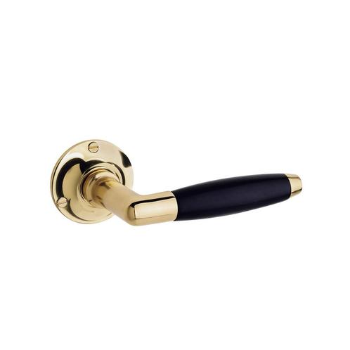 Klassieke geveerde deurklink, rond rozet, messing gelakt, Doe-het-zelf en Bouw, Hang- en Sluitwerk, Klink of Kruk, Nieuw, Koper of Messing