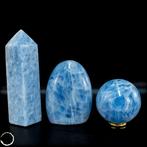 Uniek blauw calciet-set – Obelisk, vrije vorm en bol in