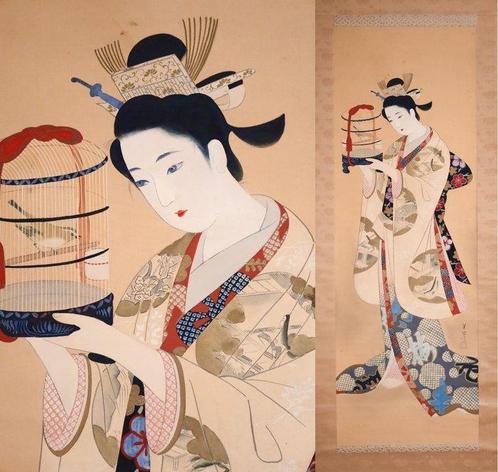 Japanese Beauty - Kimono Woman holding a birdcage - hanging, Antiek en Kunst, Antiek | Overige Antiek