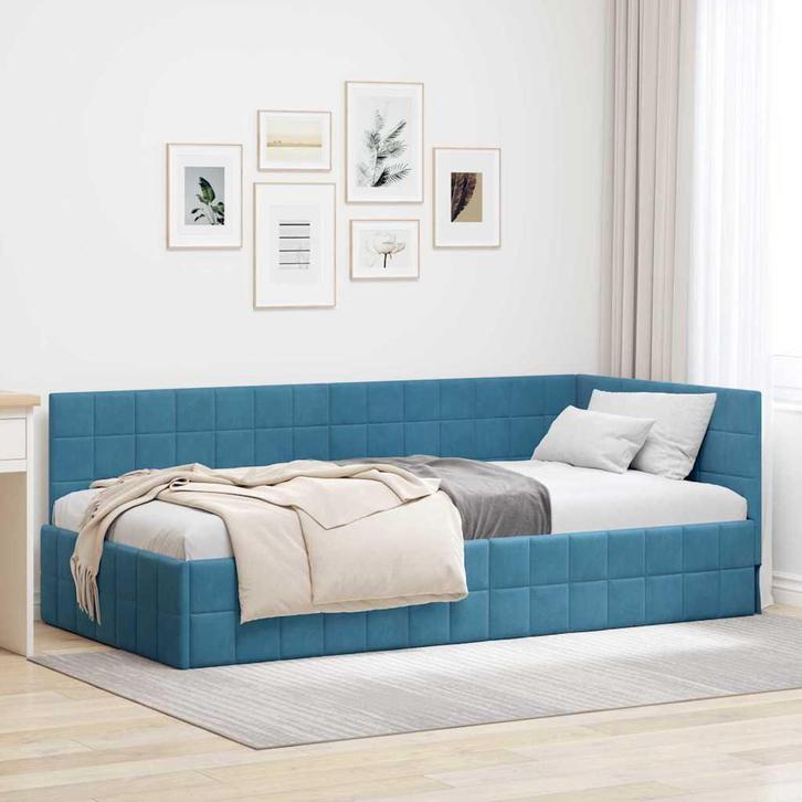 Blauw Fluweel Hoekbed 90x200 | OP = OP | Slimme Koop!, Huis en Inrichting, Slaapkamer | Bedden, Overige maten, Overige maten, Blauw